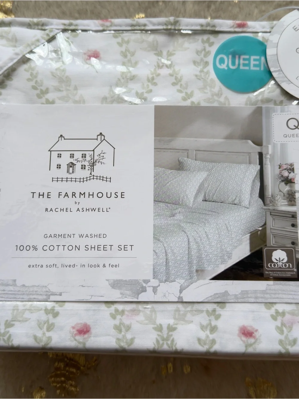Queen Cotton Sheet Set in White with Pink Rose Print